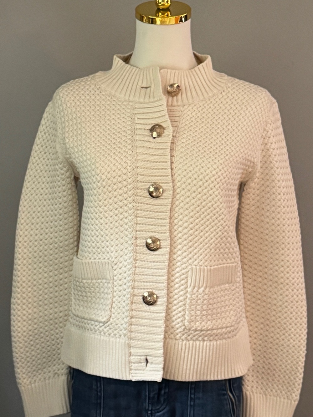 Talbots Cream Textured Knit Cardigan with Gold Buttons